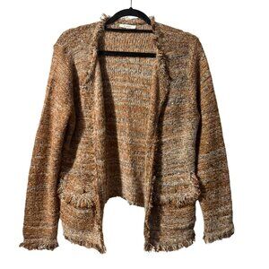 Sioni Brown Tan Textured Fringe Cardigan L w/ Sequins & Pockets
